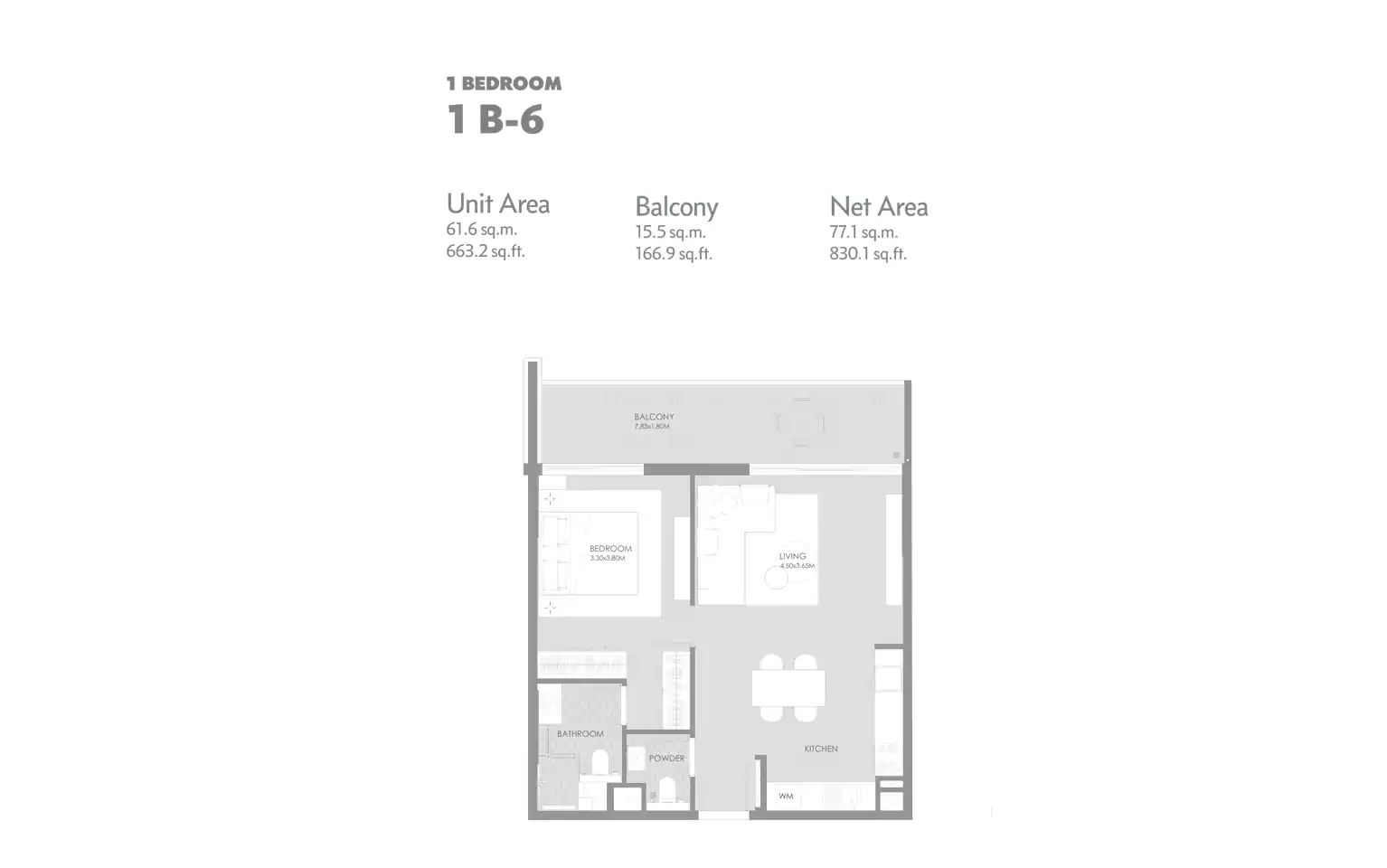 One Bedroom With Balcony 1B-6  Size : 663.2 Sq.ft.