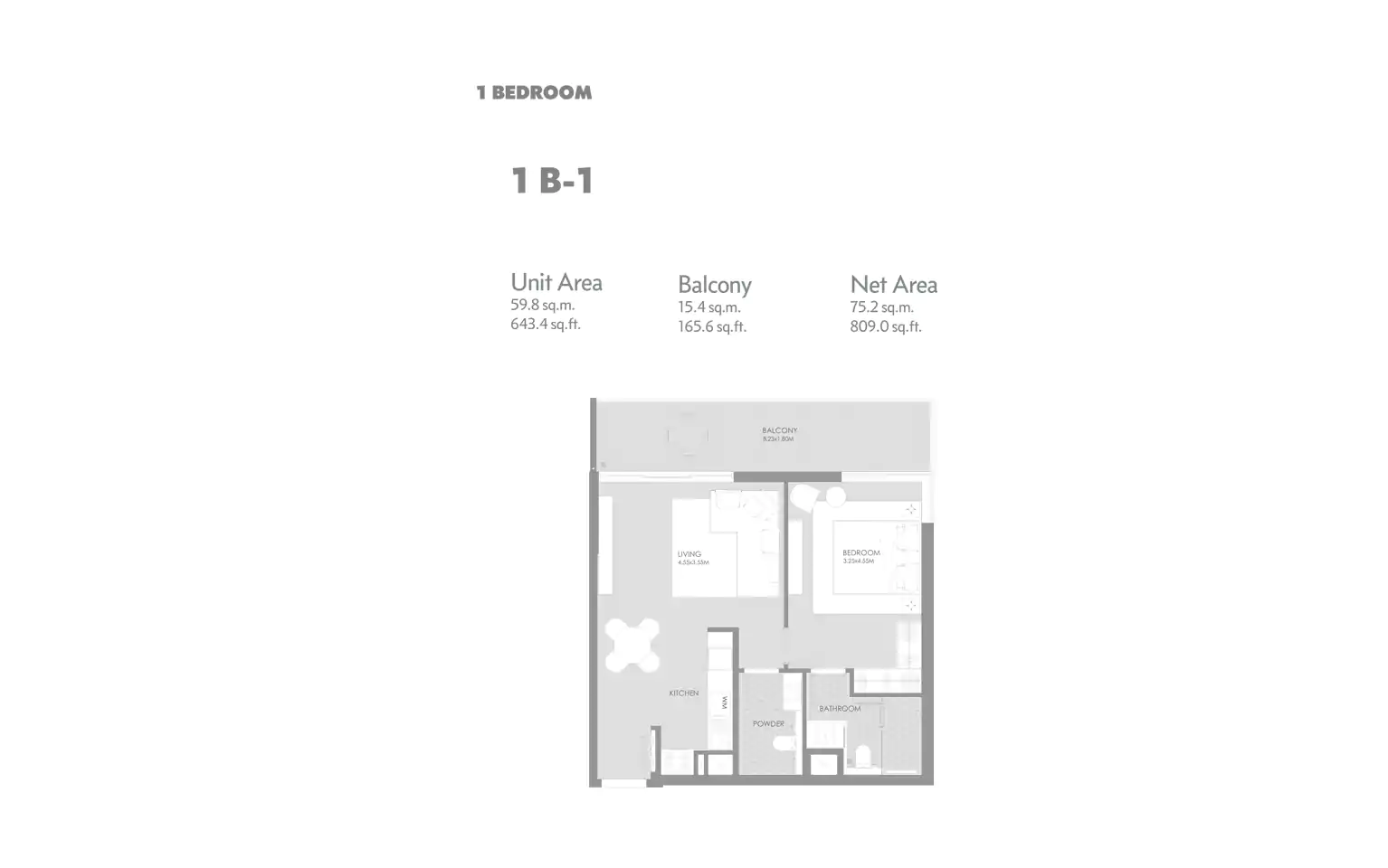 1 Bedroom with Balcony B-1, Size : 643.4 Sq.ft.