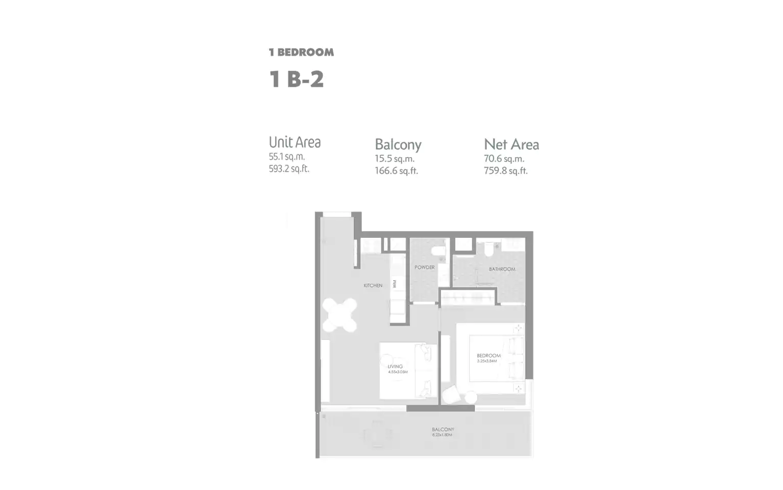 1 Bedroom with Balcony B-2, Size : 593.2 Sq.ft.