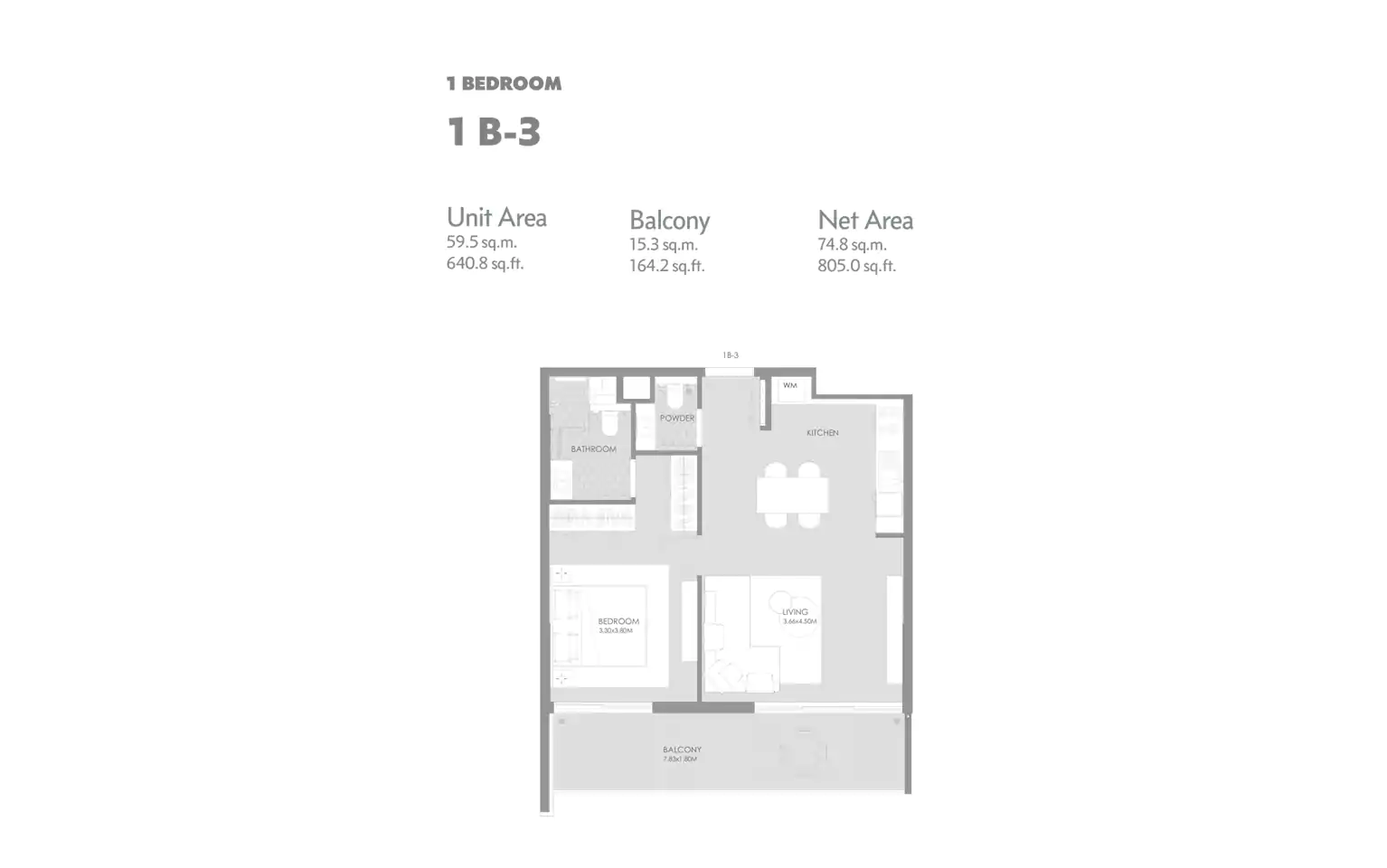 1 Bedroom with Balcony B-3, Size : 640.8 Sq.ft.