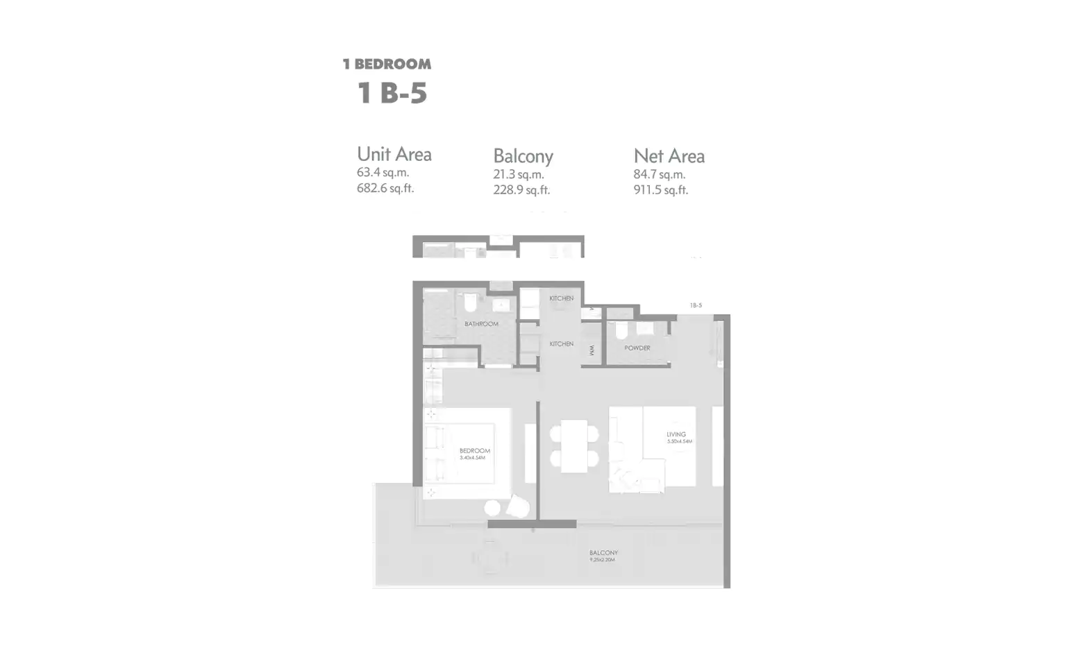 One Bedroom With Balcony 1B-5  Size : 682.6 Sq.ft.
